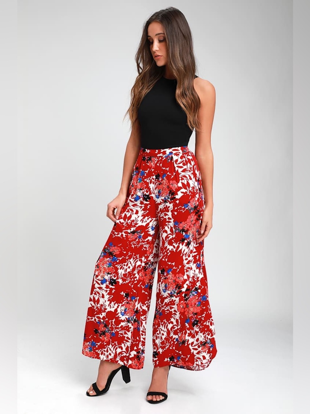 Free People Late Night Red Floral Print Wide-Leg Pants size XS